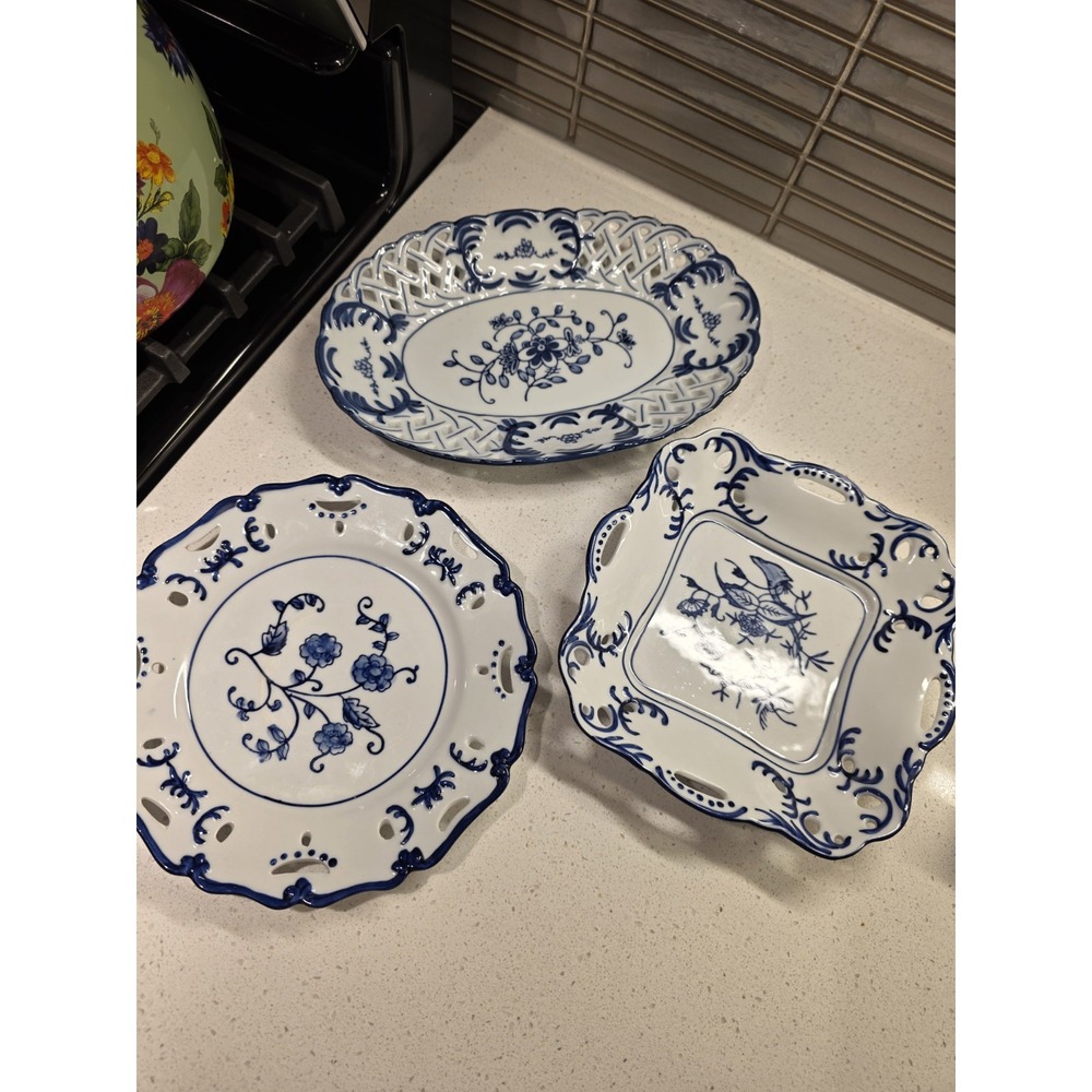 Vintage Blue and White Reticulated Chinoiserie Plates Set of 3